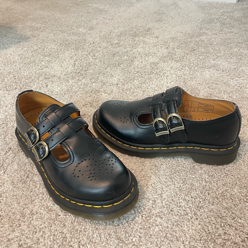 Dr. Martens Black Leather Double-Buckle Mary Jane Mules with Yellow Stitching